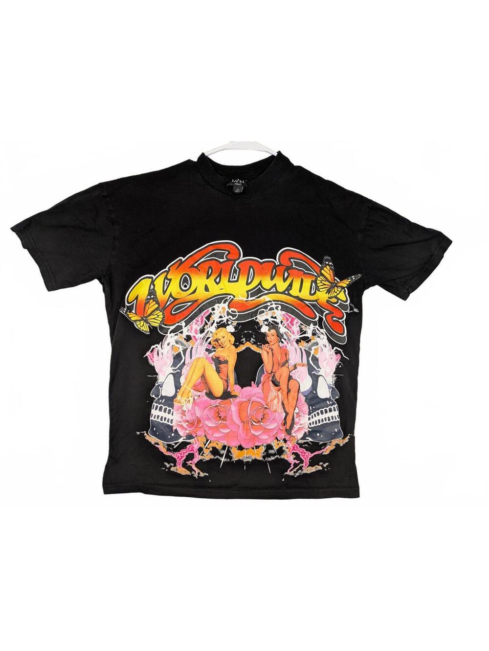 BoohooMAN World Tour Graphic Skull Pinup T-Shirt Mens XS